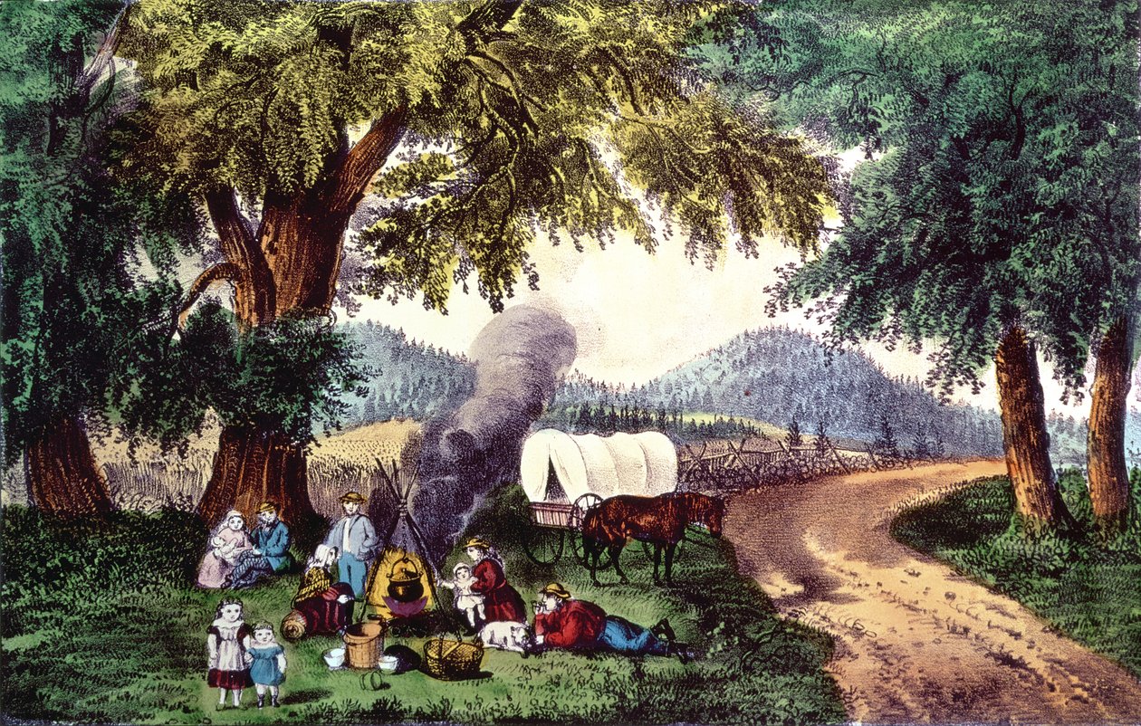 A Halt by the Wayside (trykk) av N. and Ives, J.M. Currier