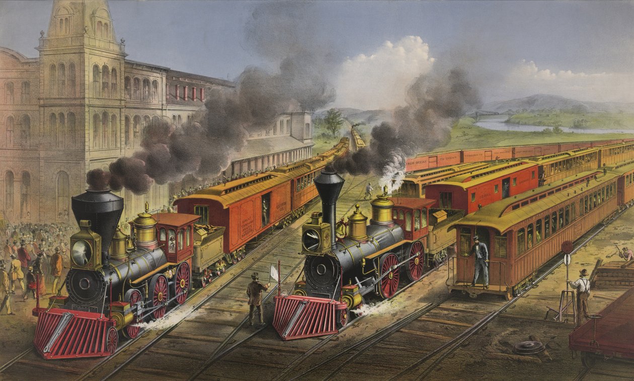 Amerikansk jernbanescene: lynekspresstog som forlater krysset, 1874 av N. and Ives, J.M. Currier