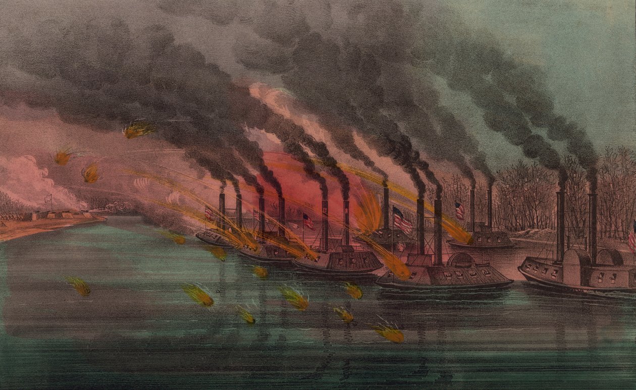 Bombardement og fangst av Fort Henry av føderale kanonbåter, 1862 av N. and Ives, J.M. Currier