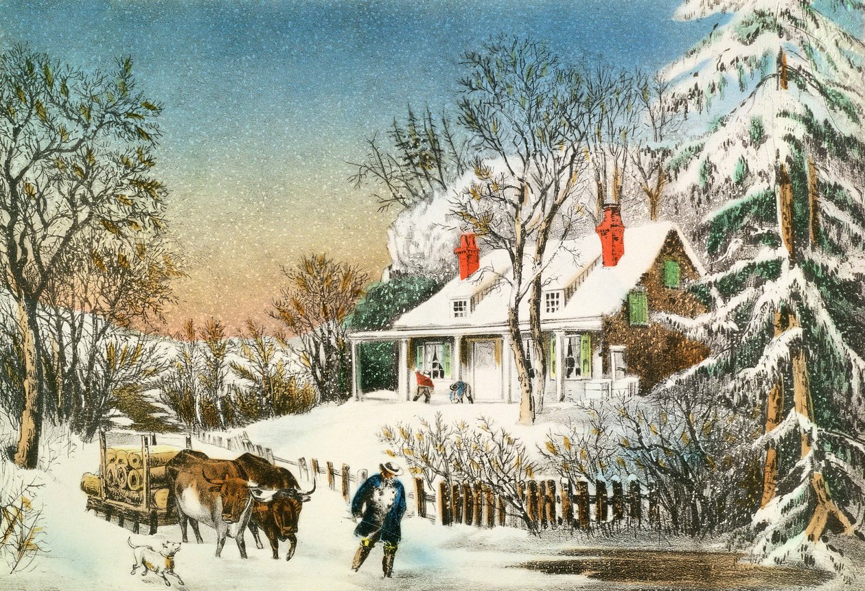 Bringing Home the Logs, Winter Landscape, 1800-tallet av N. and Ives, J.M. Currier