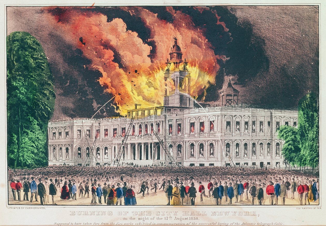Brenning av rådhuset, New York, natt til 17. august 1858 av N. and Ives, J.M. Currier