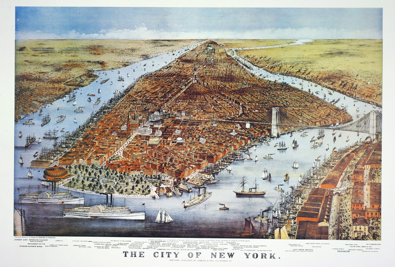 City of New York, 1876 av N. and Ives, J.M. Currier