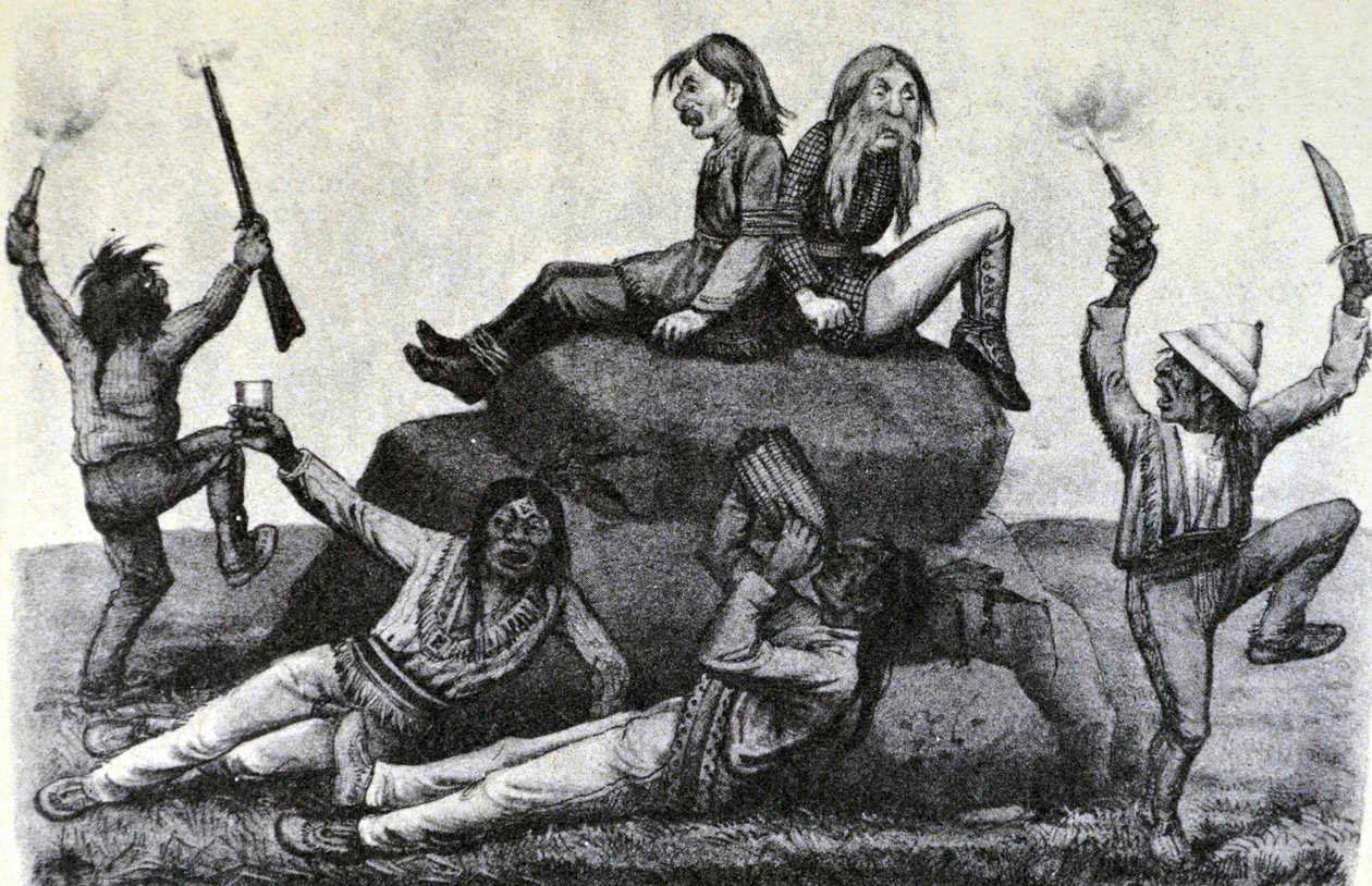 Currier & Ives Illustrasjon 1800-tallet. A Howling Swell - on the War Path (originaltegning av Thomas Worth, som originaltrykket ble laget av) av N. and Ives, J.M. Currier