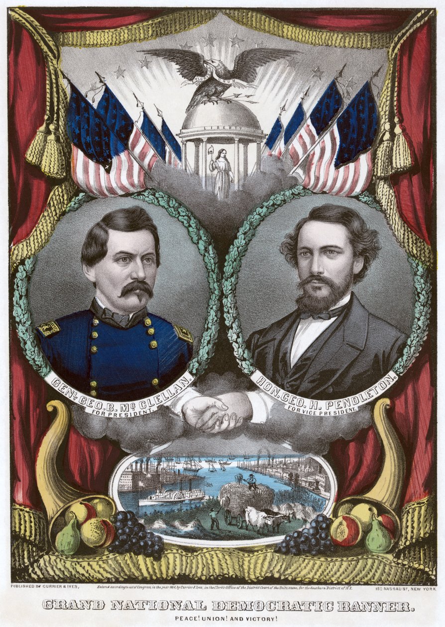 Grand National Democratic banner. Fred! Union! og seier!, 1864 av N. and Ives, J.M. Currier