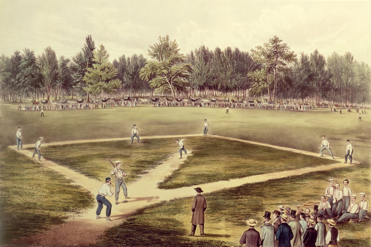 The American National Game of Baseball - Grand Match på Elysian Fields, Hoboken, NJ, 1866 (se også 159490) av N. and Ives, J.M. Currier