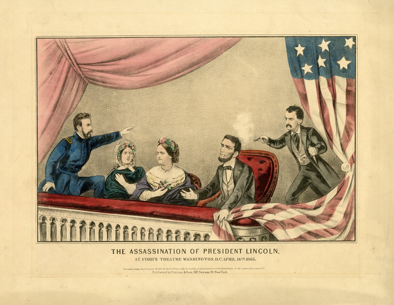 Attentatet på president Lincoln, ved Ford's Theatre, Washington, DC 14. april 1865, 1865 av N. and Ives, J.M. Currier