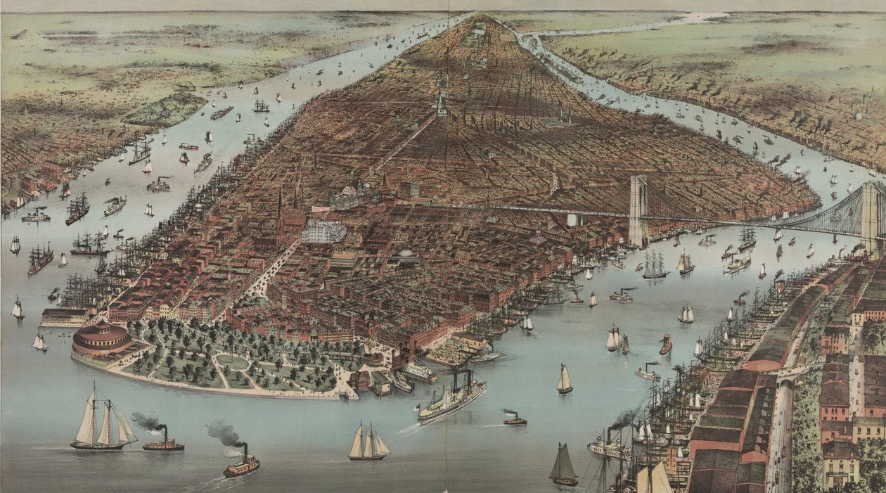 Byen New York, 1883 av N. and Ives, J.M. Currier