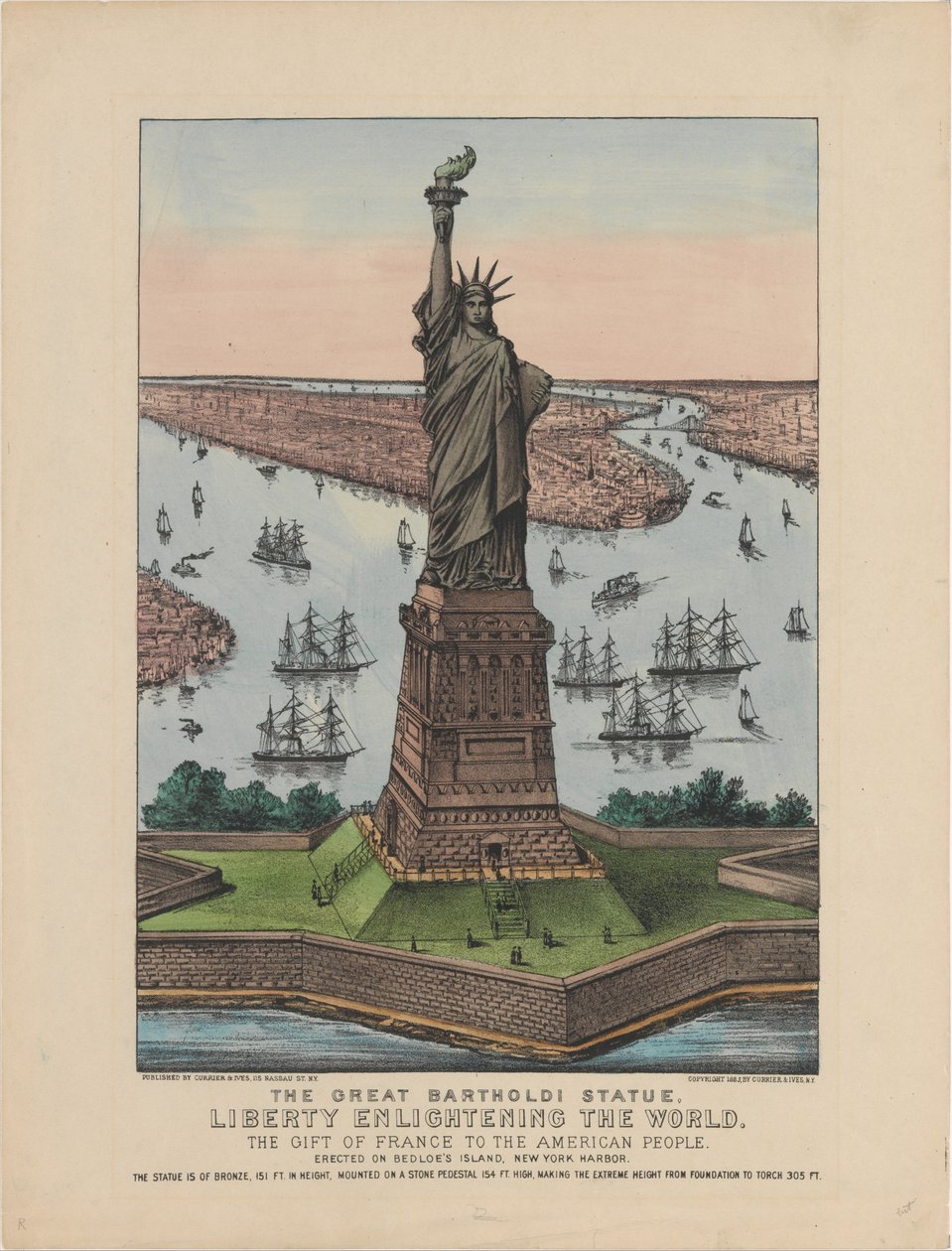 Den store Bartholdi-statuen – Liberty Enlightening the World, 1885 (håndfarget litografi) av N. and Ives, J.M. Currier
