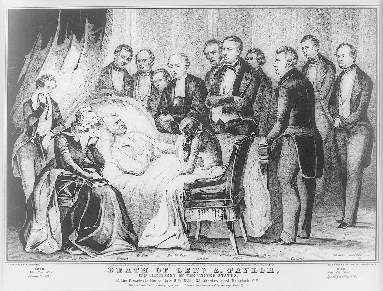 Zachary Taylor på dødsleiet i Det hvite hus, 1850 av N. and Ives, J.M. Currier