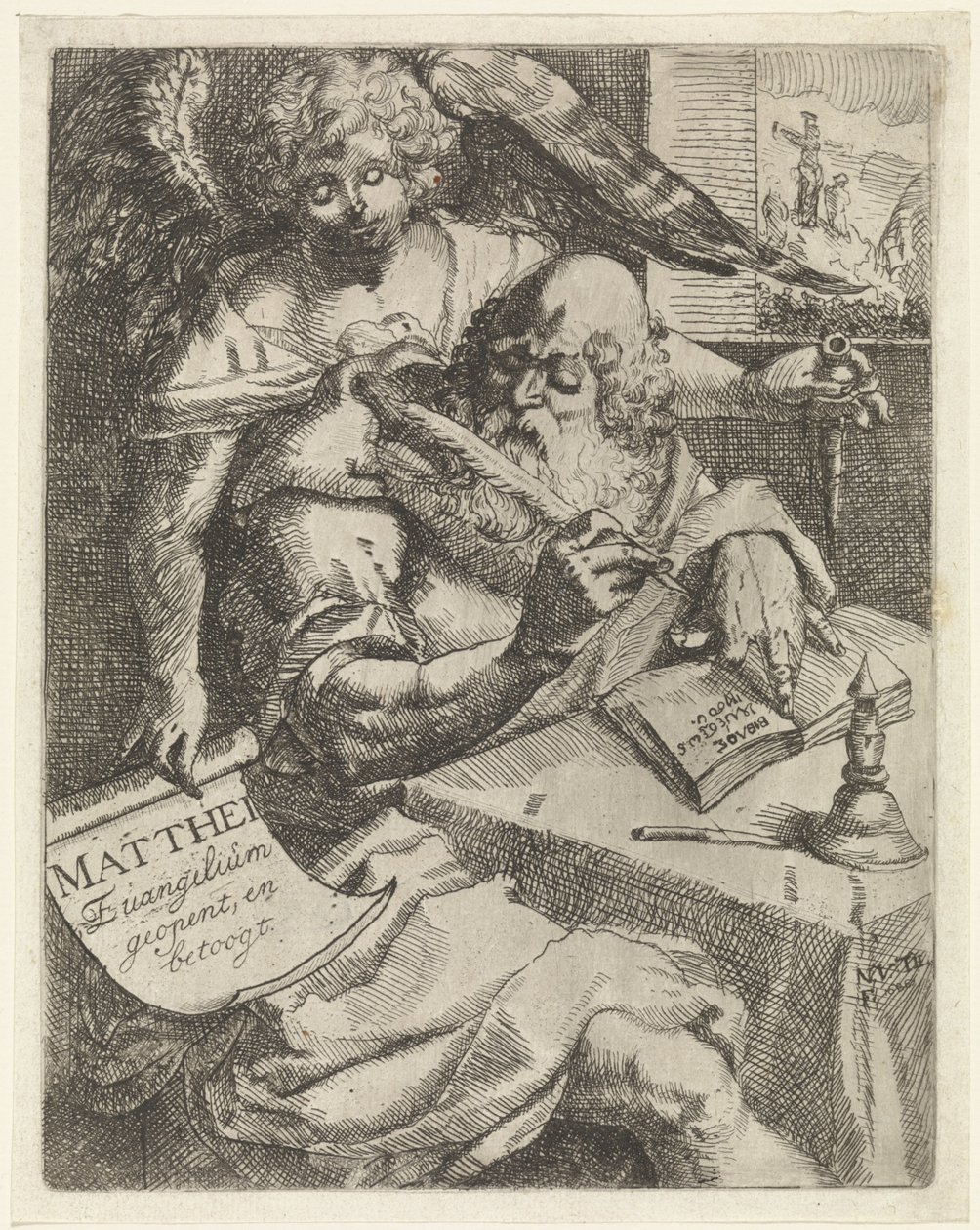 Evangelisten Matteus Matthei Evangelium åpner og argumenterer (tittel på objekt) Tittelside for: S. van Til, Het euangelium des H. Apostles Matthæi (...) åpnet med korte notater, 1687 av N. van Til