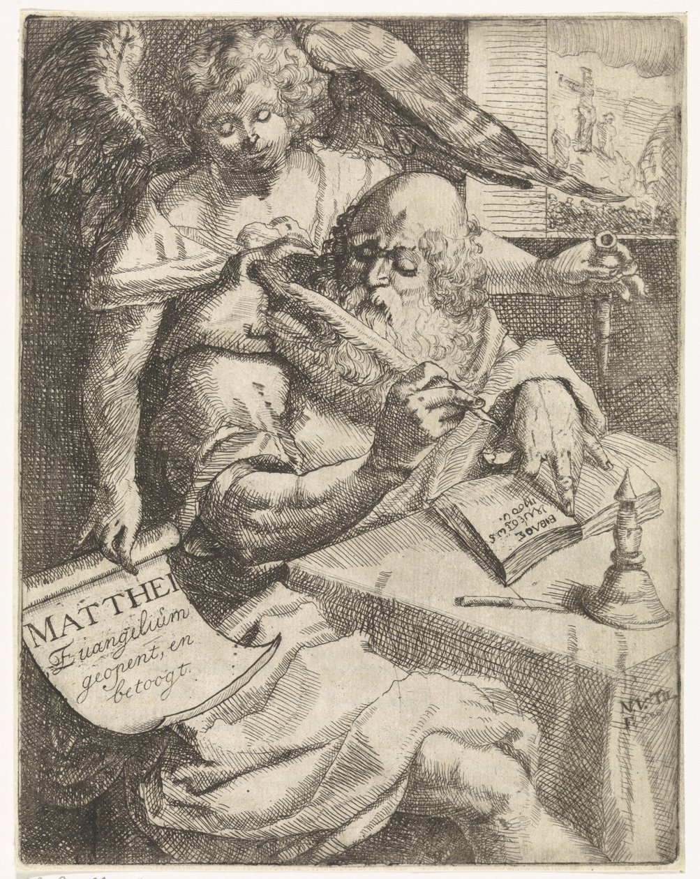 Evangelisten Matteus Matthei Evangelium åpner og argumenterer (tittel på objekt) Tittelside for: S. van Til, Het euangelium des H. Apostles Matthæi (...) åpnet med korte notater, 1687 av N. van Til