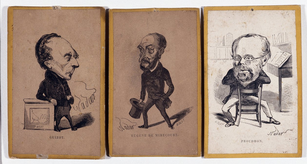3 Portrettladning (portrettladning): Francois Pierre Guillaume Guizot (1787-1874), fransk historiker og politiker, Charles Jean-Baptiste (Jean Baptiste) Jacquot dit Eugene de Mirecourt (1812-1880), fransk journalist og forfatter, og Pierre -Joseph Proudhon av Nadar