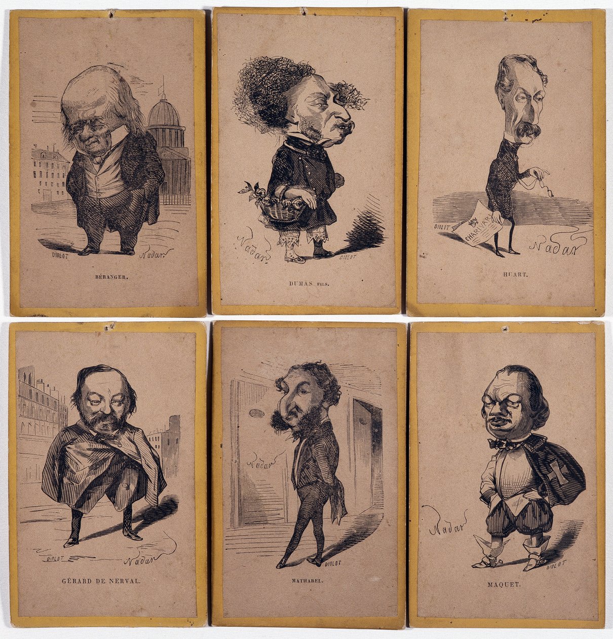 6 Charge-portretter: Pierre Jean de Beranger (1780-1857) fransk låtskriver, Alexandre Dumas fils (1824-1895), Louis Adrien Huart (1813-1865) fransk journalist, forfatter og teatersjef, Gerard de Nerval (1808-1855), Den franske forfatteren Charles Matharel  av Nadar