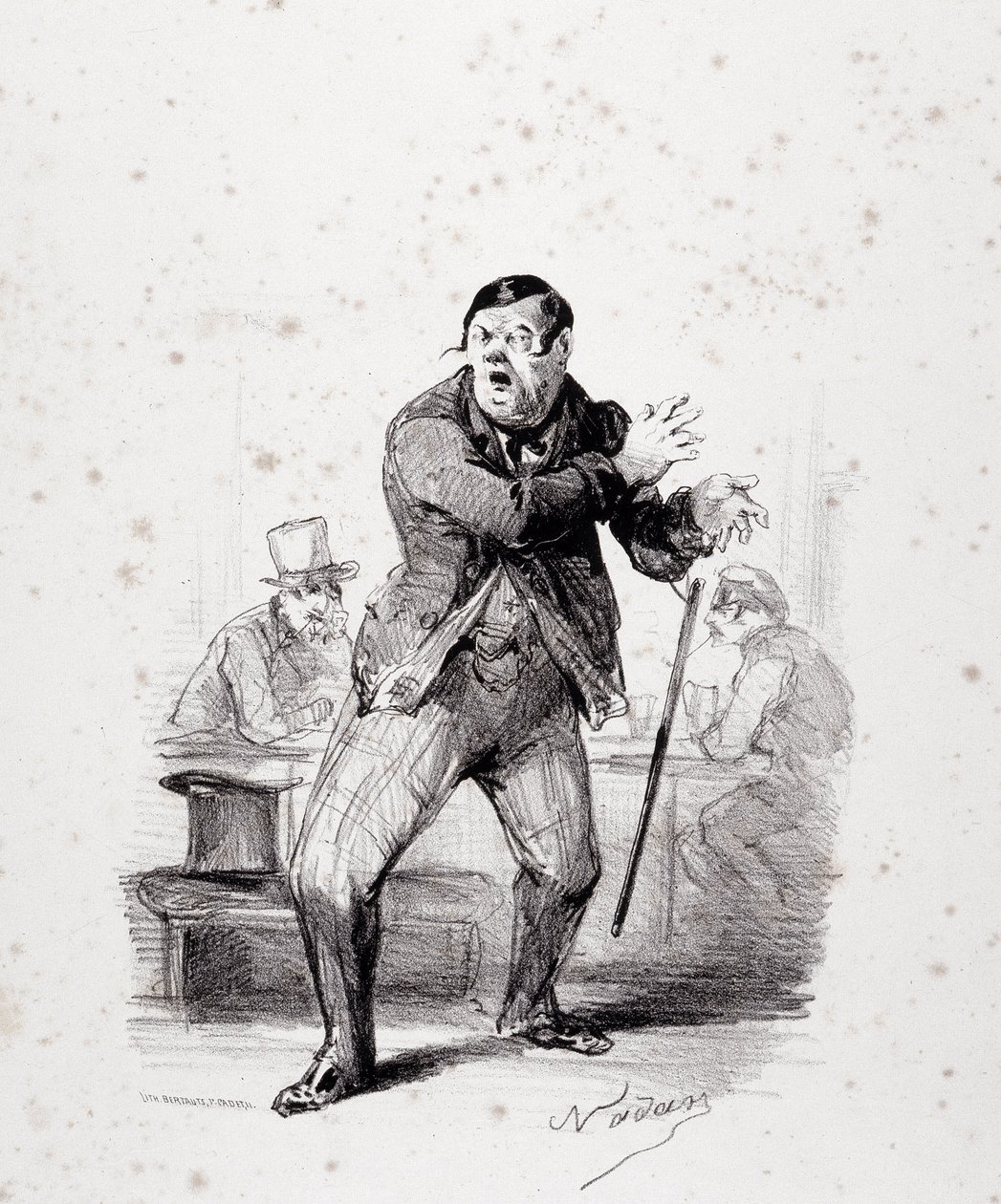 Komikere på scenen. Plate satt inn i albumet "Les Ficelles Dramatiques unrolled by Berthelier de l'opera comique" (litografi) av Nadar