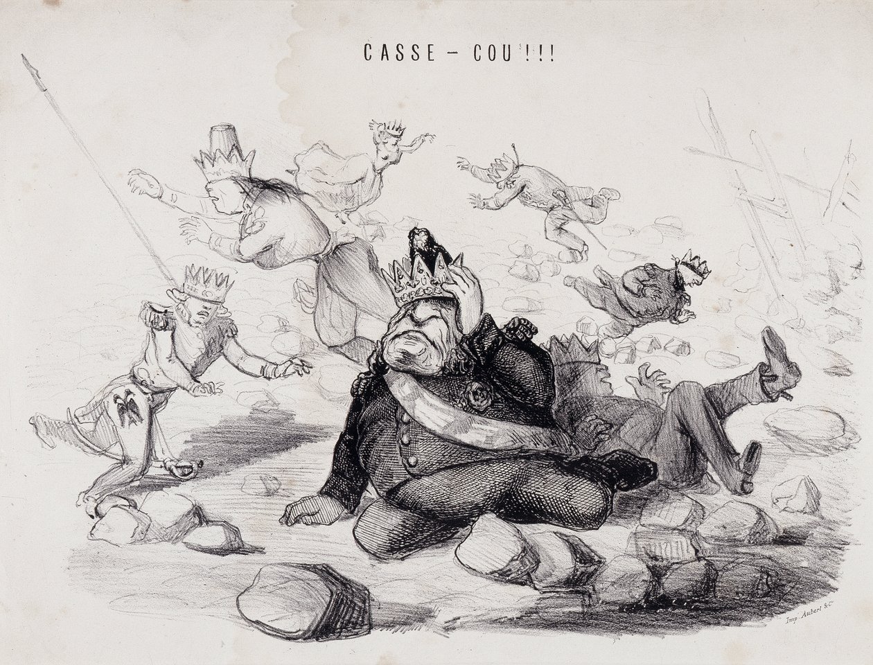 Dareneck!!! (Nakkebrudd). Litografi av Gabriel Aubert, trykker i Paris som utgir avisen «La Caricature» av Nadar