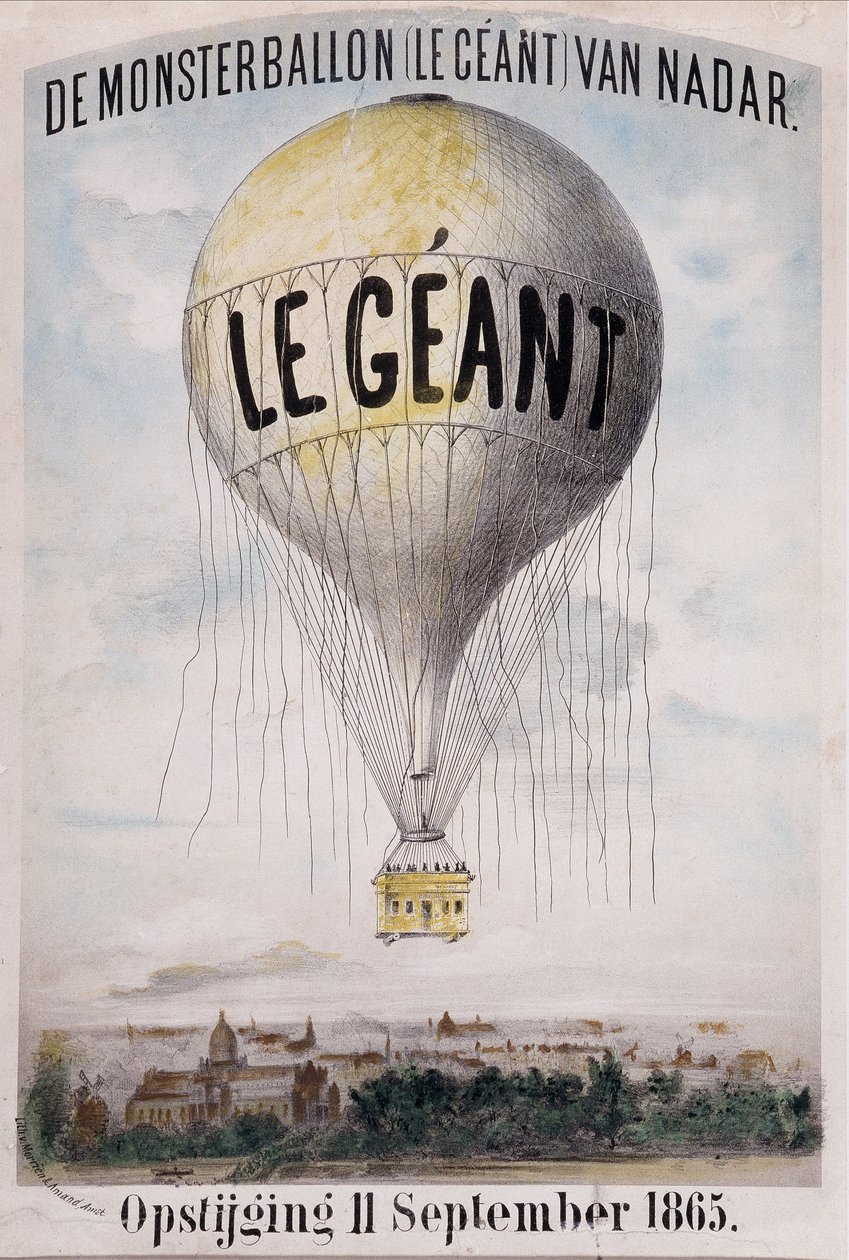 De Monsterballon (Le Giant) van Nadar Opstijging 11. september 1865. Nederlandsk reklame for avvikling av ballen «The Giant» 11. september av Nadar