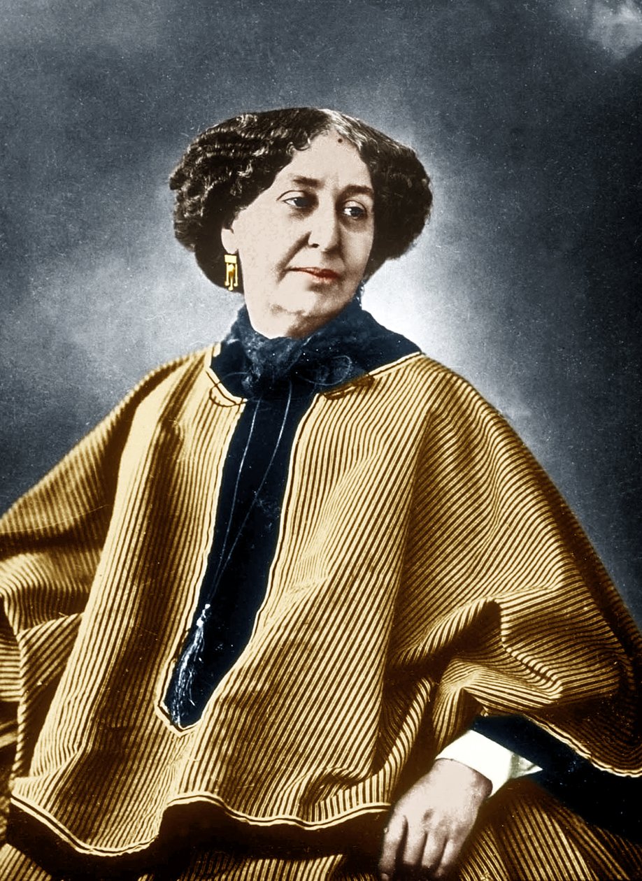 Fransk forfatter George Sand (Aurore Dupin 1804-1876) 1864, foto av Nadar, fargelagt dokument av Nadar