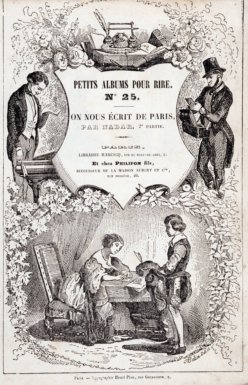 Frontispice av «Little albums for laughs nummer 25. De skrev oss fra Paris. Andre del", 1850 (gravering) av Nadar