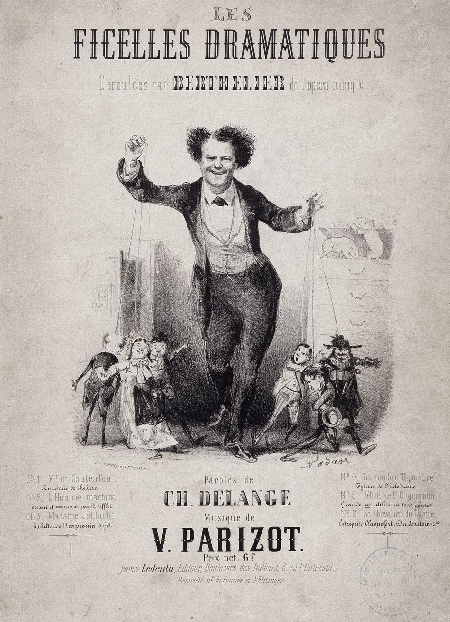 Portrett av Jean Berthelier (1830-1888) som holder sønnene til dukker. Album "Les Ficelles Dramatiques deroulees av Berthelier de l'opera comique" av Nadar