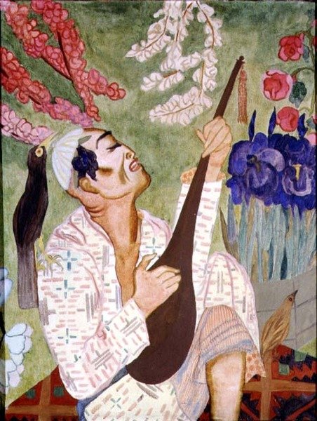 Japanese Man Playing a Lute (olje på lerret) av Nadezhda Vladimirovna Lermontova