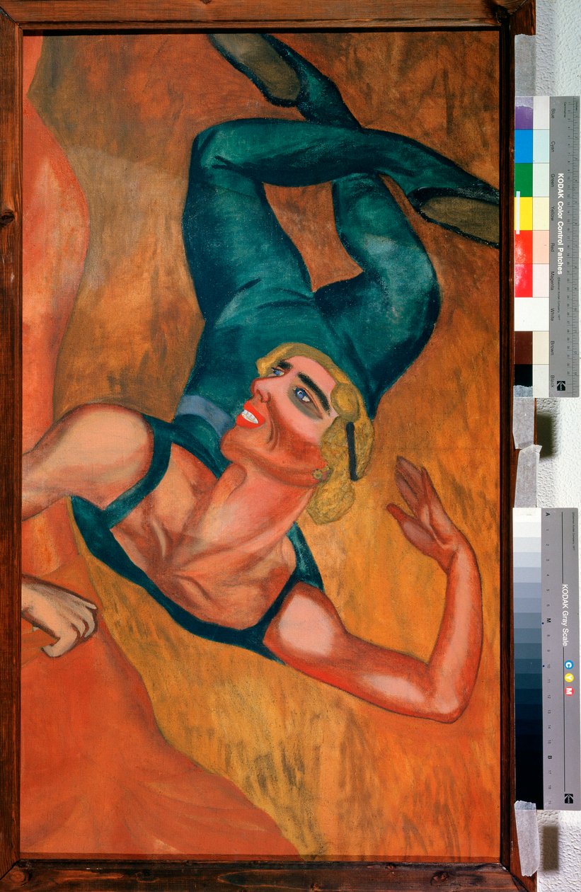 Saut (hopp) - En akrobat utfører et hopp, smilende ansikt, fleksibel kropp deformert av poseringen i suspensjon i luften - Maleri av Nadezhda Vladimirovna Lermontova (1885-1921), olje på lerret av Nadezhda Vladimirovna Lermontova