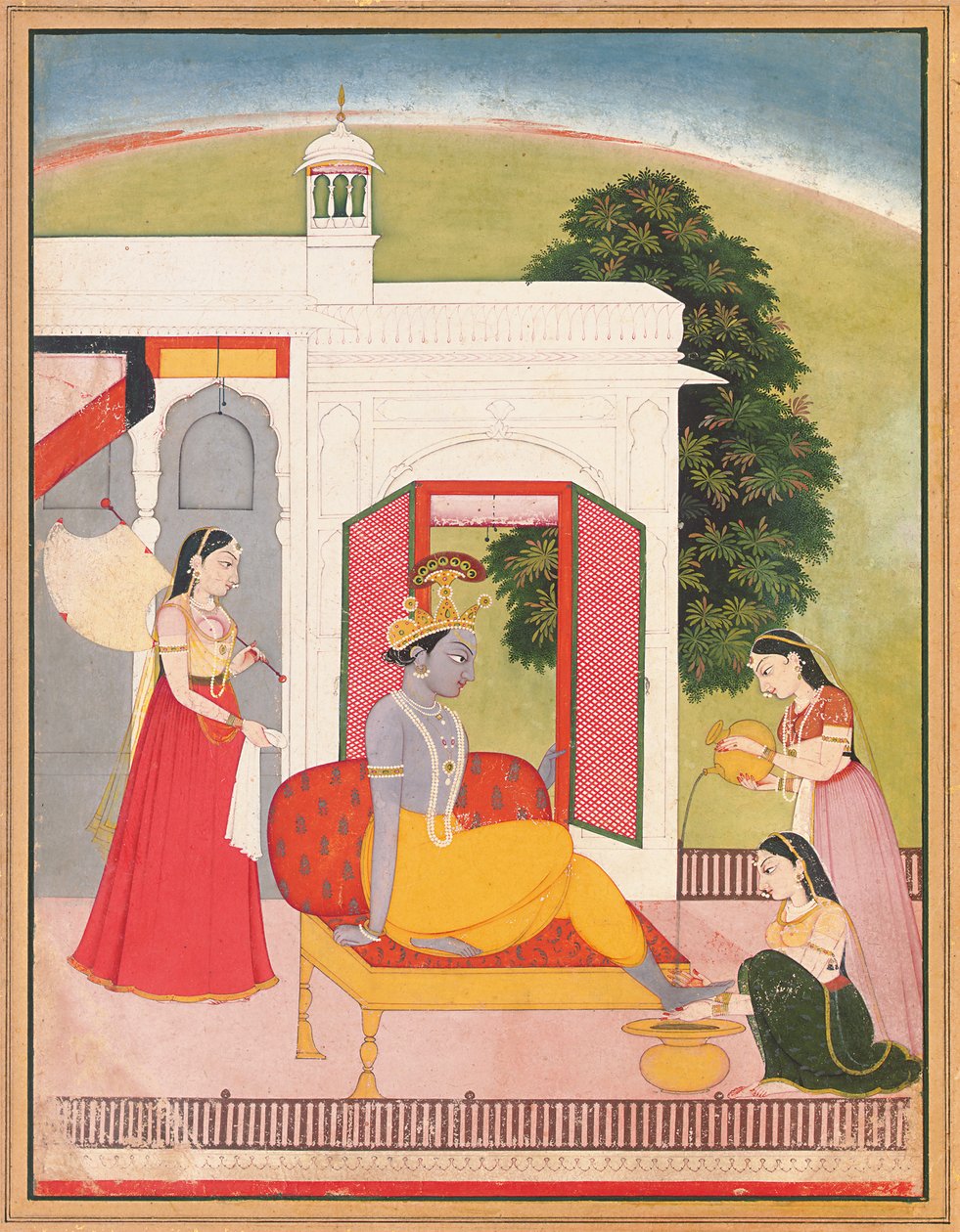 Krishnas føtter vasket av hushjelper, Punjab Hills, Basohli, ca. 1780 av Nainsukh