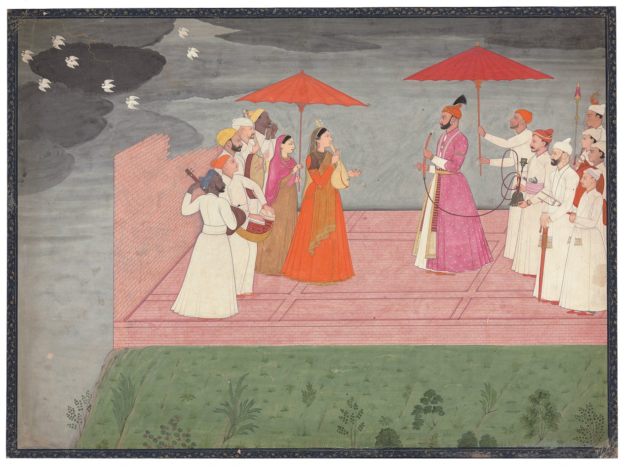 Musikere som spiller en raga for Balwant Dev Singh i regntiden, ca. 1745-50 av Nainsukh