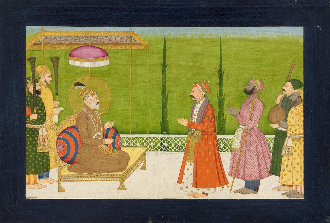 Poeten Sundar Das før keiser Shah Jahan, folio fra en <em>Sundar Shringar</em> av Nainsukh