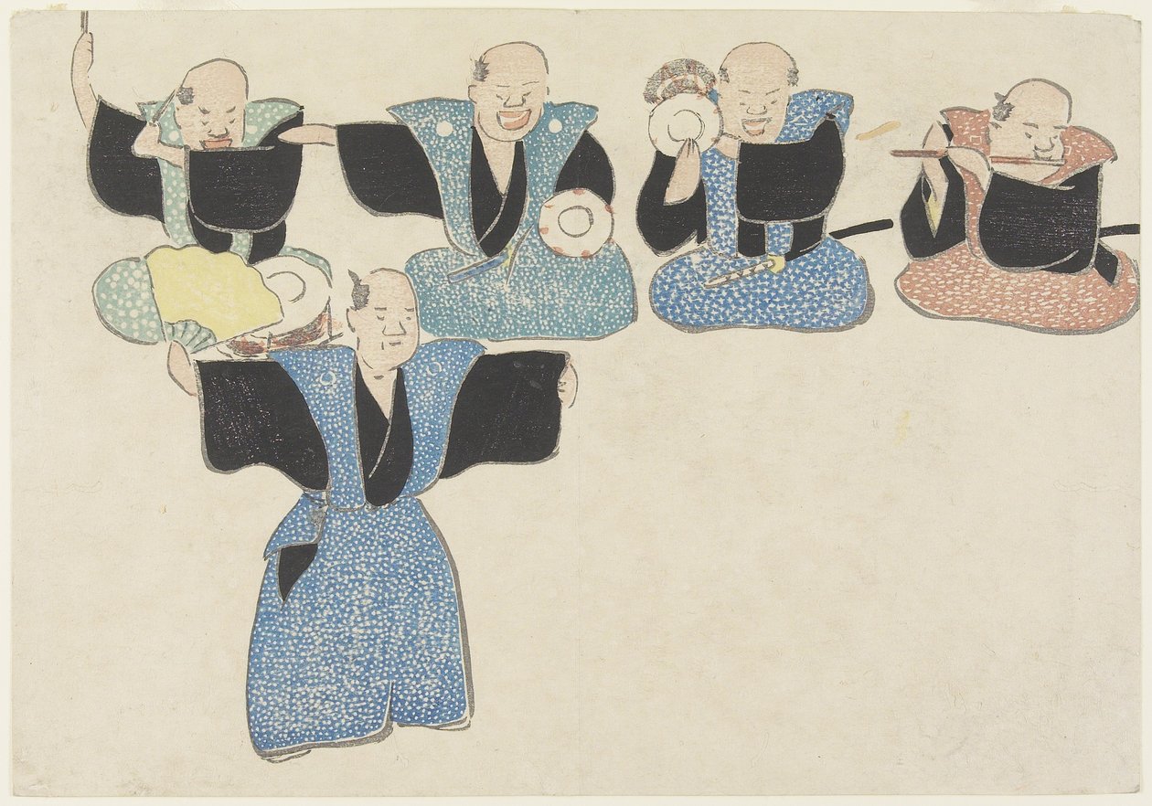 Danser og fire musikere, 1700-1800-tallet (farget treblokktrykk) av Nakamura Hochu