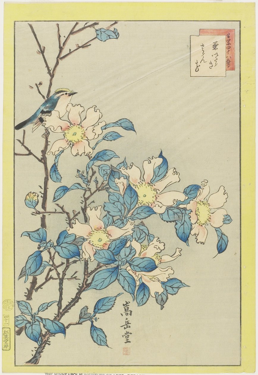 Blå fugl og rosa blomster, 1859 (treblokktrykk i farger) av Nakayama Sugakudo