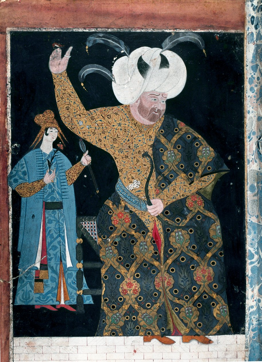 Det osmanske riket: "" Portrett av Sultan Selim II kalt den berusede eller Sari den blonde (1524-1574)"" Akvarell tilskrevet Reis Haydar Nakkep dit Nigari (1494-1572) (TKS 2134, fol. 3 b) Istanbul, Topkapi Seray av Nakkep called Nigari Reis Haydar
