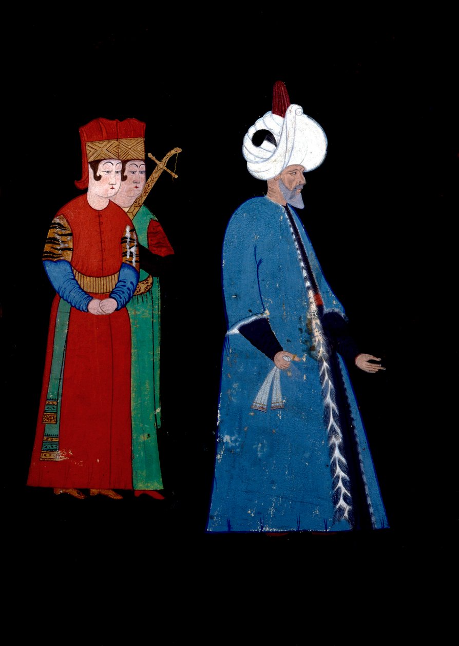 Portrett av den osmanske sultanen Soliman (Sukeyman) I den storslåtte (1494-1566), alder, akkompagnert av to væpnede vakter. Miniatyr av Haydar Reys Nigari (1462-1572) av Nakkep called Nigari Reis Haydar