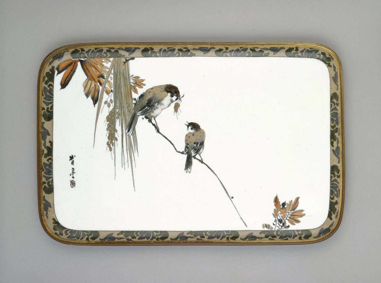Skuff med to spurver på en gren, ca. 1880 (cloisonne-emalje) av Namikawa Sosuke
