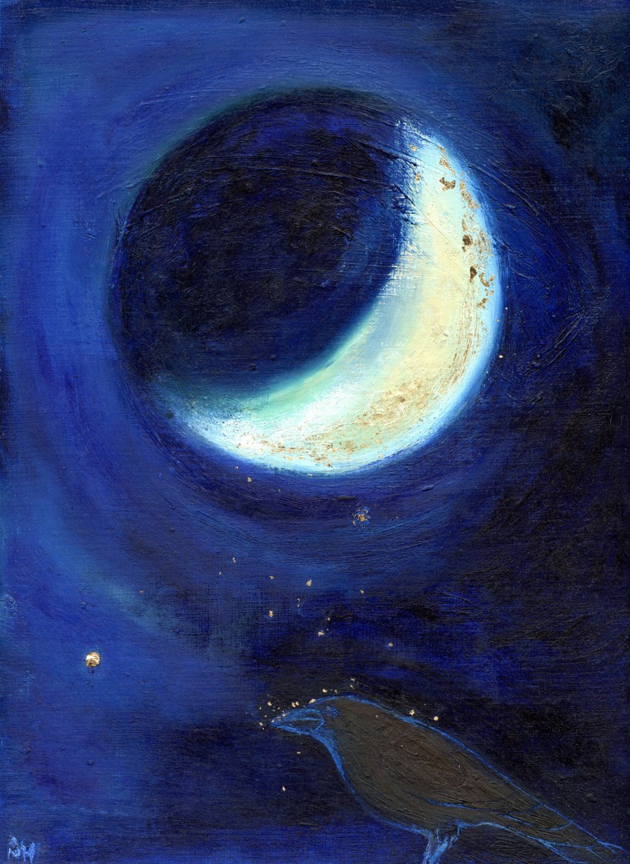 Julimånen, 2014, (olje og bladgull på kort) av Nancy Moniz Charalambous