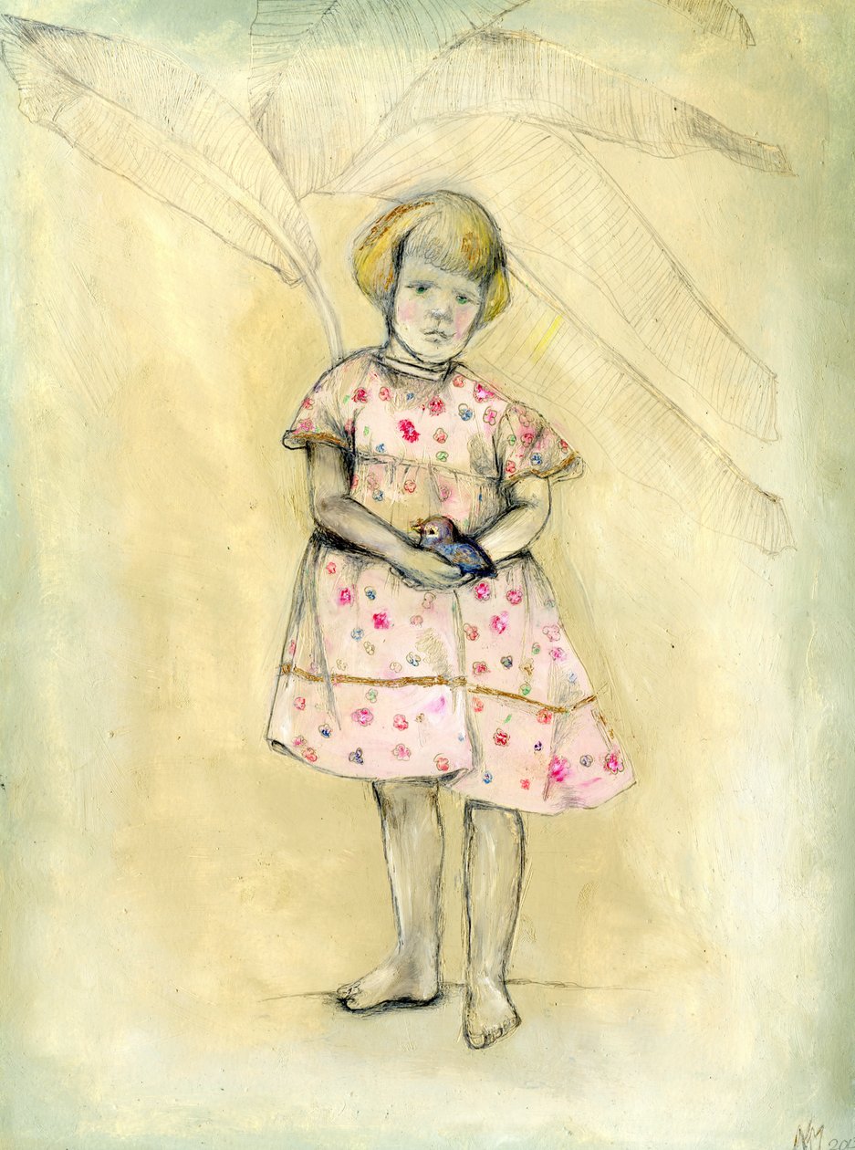 Passarinha, liten fugl, 2013, (olje på kort) av Nancy Moniz Charalambous