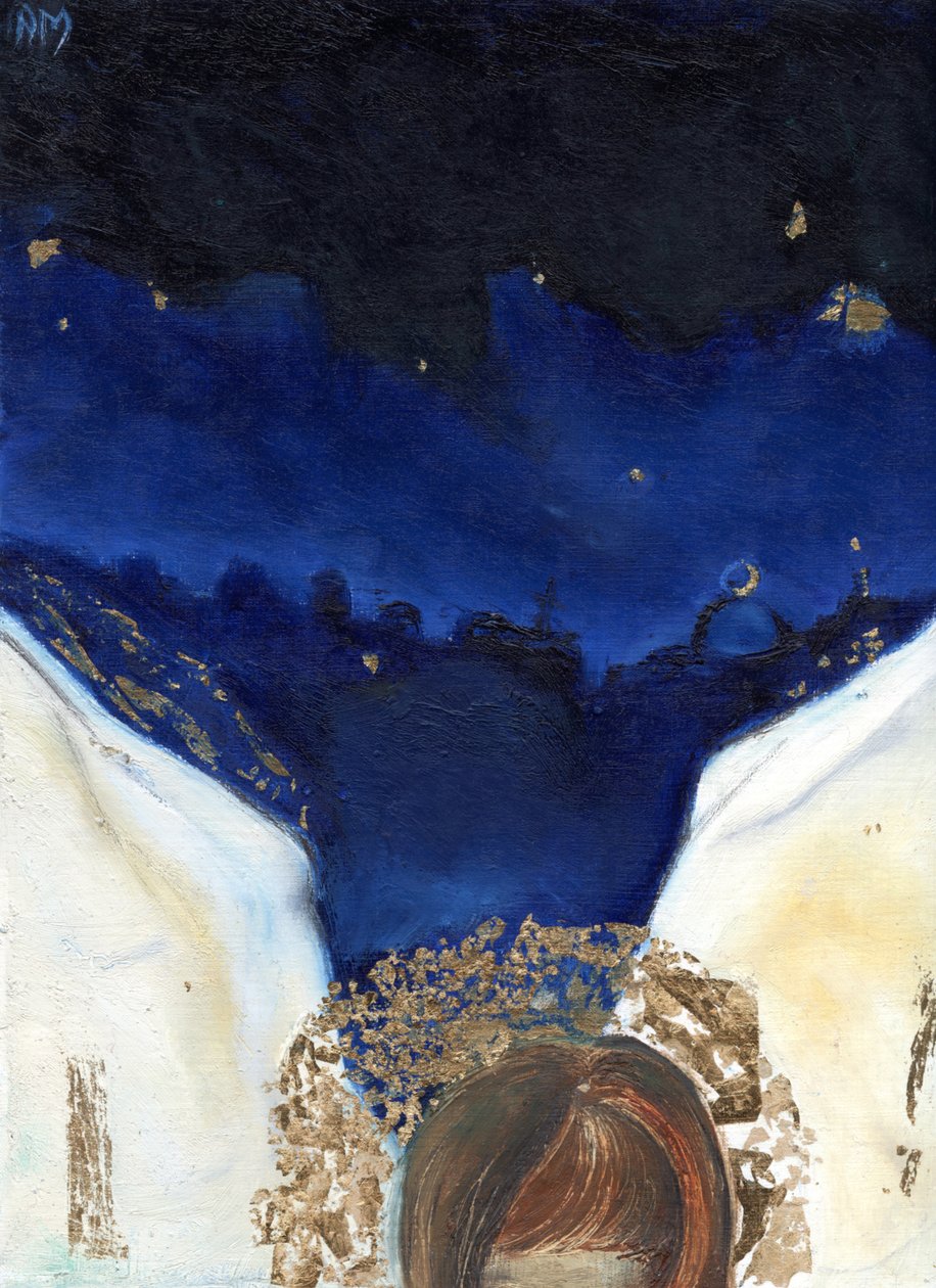 Natt engelen fikk vingene sine, 2014, (olje og bladgull på kort) av Nancy Moniz Charalambous