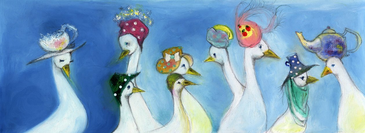 Tea Duck, 2015, (oljepastell og blyant på kort) av Nancy Moniz Charalambous