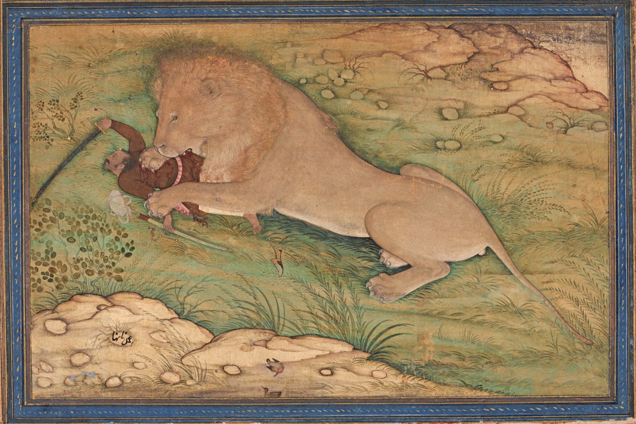 Perils of the Hunt, A Lion pounces on a Hunter, ca. 1615 (ugjennomsiktig wc på silke) av Nanha