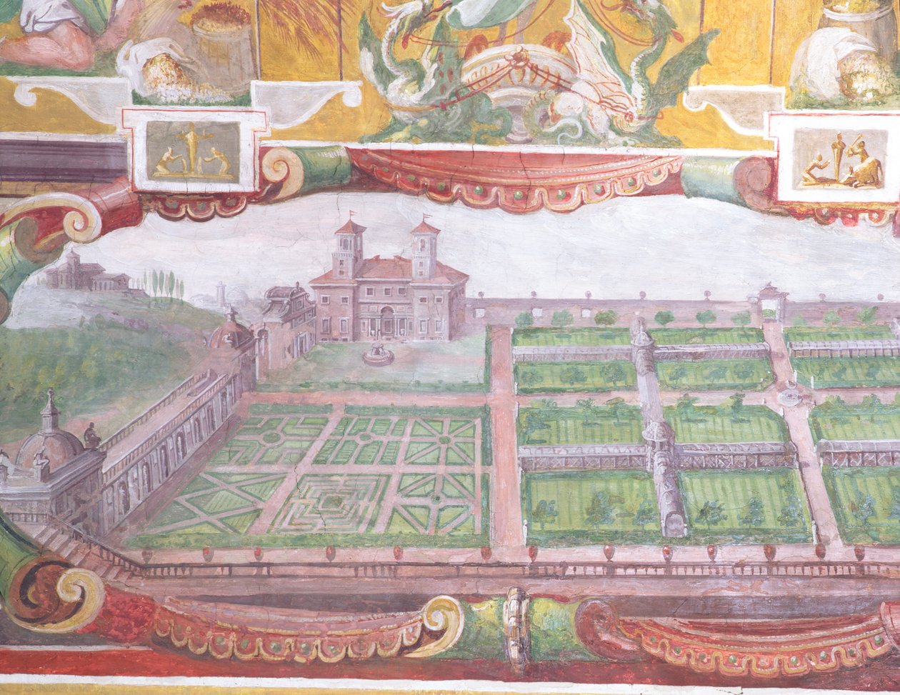 Studiolo-studiet av Francesco deMedici 1541-87 detalj av hvelvdekorasjonen som viser en plan over villaen og dens hager, freskomaleri fra 1564-75 av Bartolomeo Ammannati