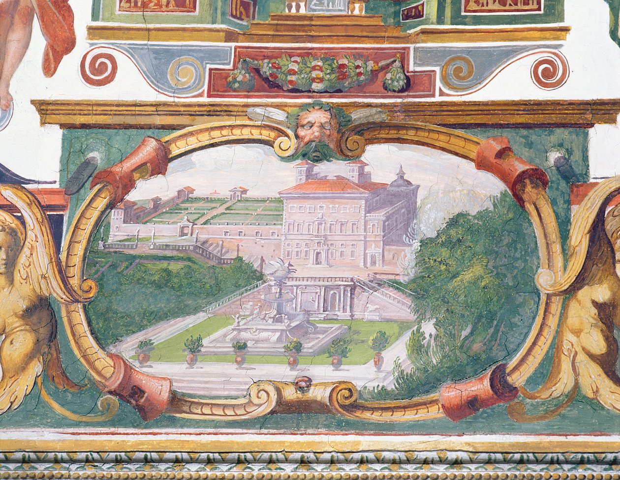 Studiolo-studiet av Francesco deMedici 1541-87 detalj av frisedekorasjonen som viser en av Medici-villaene, dens hage og fontene, freskomaleri fra 1564-75 av Bartolomeo Ammannati