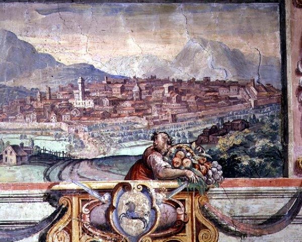 Soverom, detalj av frisen som viser byer under Medici-styret, muligens Volterra av Nanni di B. Bigio and Bartolomeo Ammannati