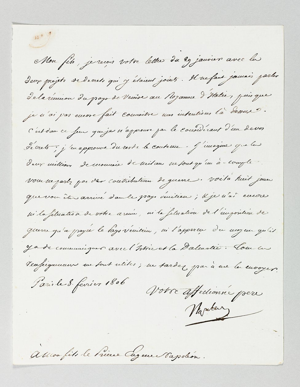 Signert brev fra Napoleon til sin stesønn, prins Eugène de Beauharnais Napoleon av Napoleon Bonaparte