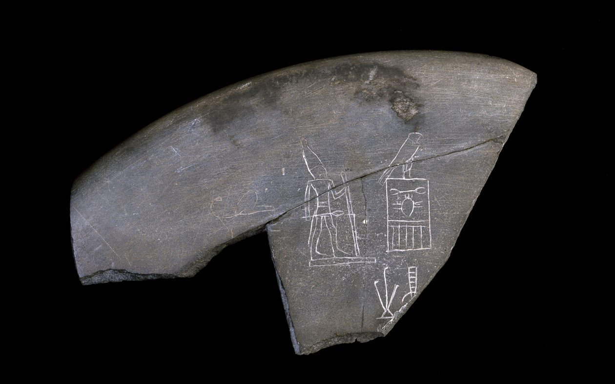 Fragment av innskrevet steinskål, ca. 3285 f.Kr. (utskåret siltstein) av Naqada I Period Egyptian