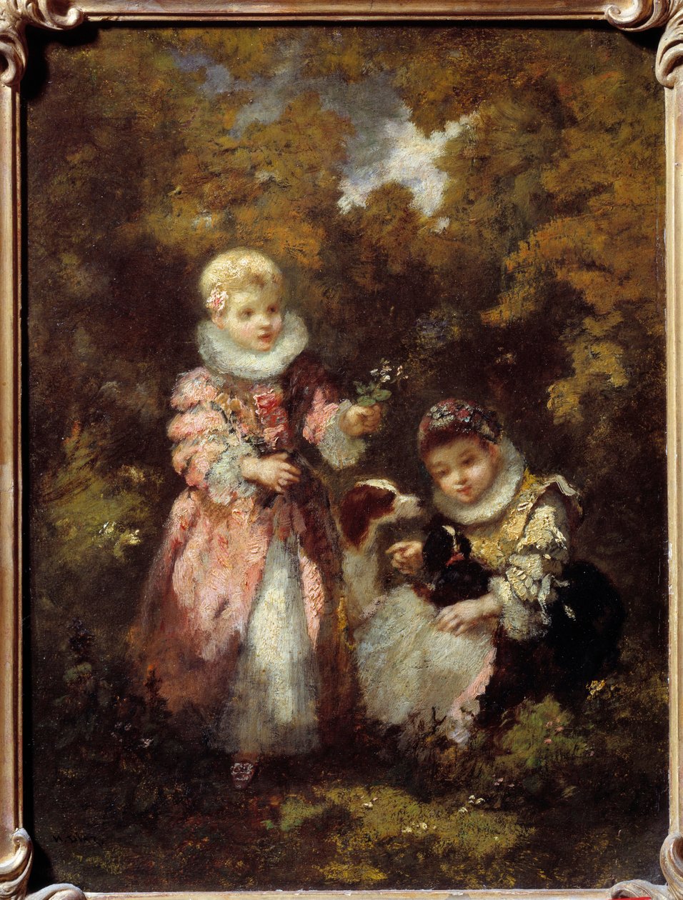 Barn og hunder Maleri av Narcissus Diaz de la Pena (1807-1876) (ec. de Barbizon) Søn. 0,32x0,24 m av Narcisse Virgile Diaz de la Peña