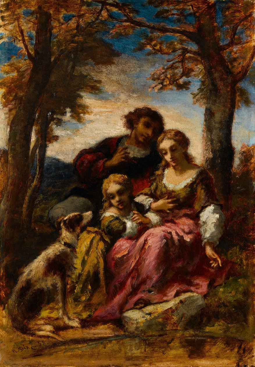 Figurer og en hund i et landskap, 1852. av Narcisse Virgile Diaz de la Peña