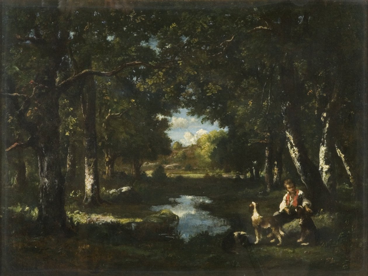 Mann og hund hviler i Forest Glade (olje på lerret) av Narcisse Virgile Diaz de la Peña