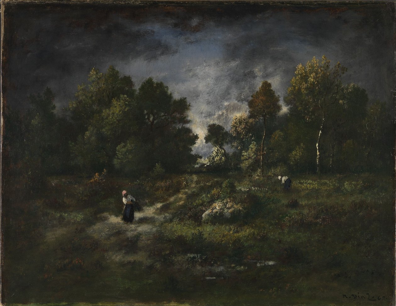 Skoglandskap med ved sankere av Narcisse Virgile Diaz de la Peña