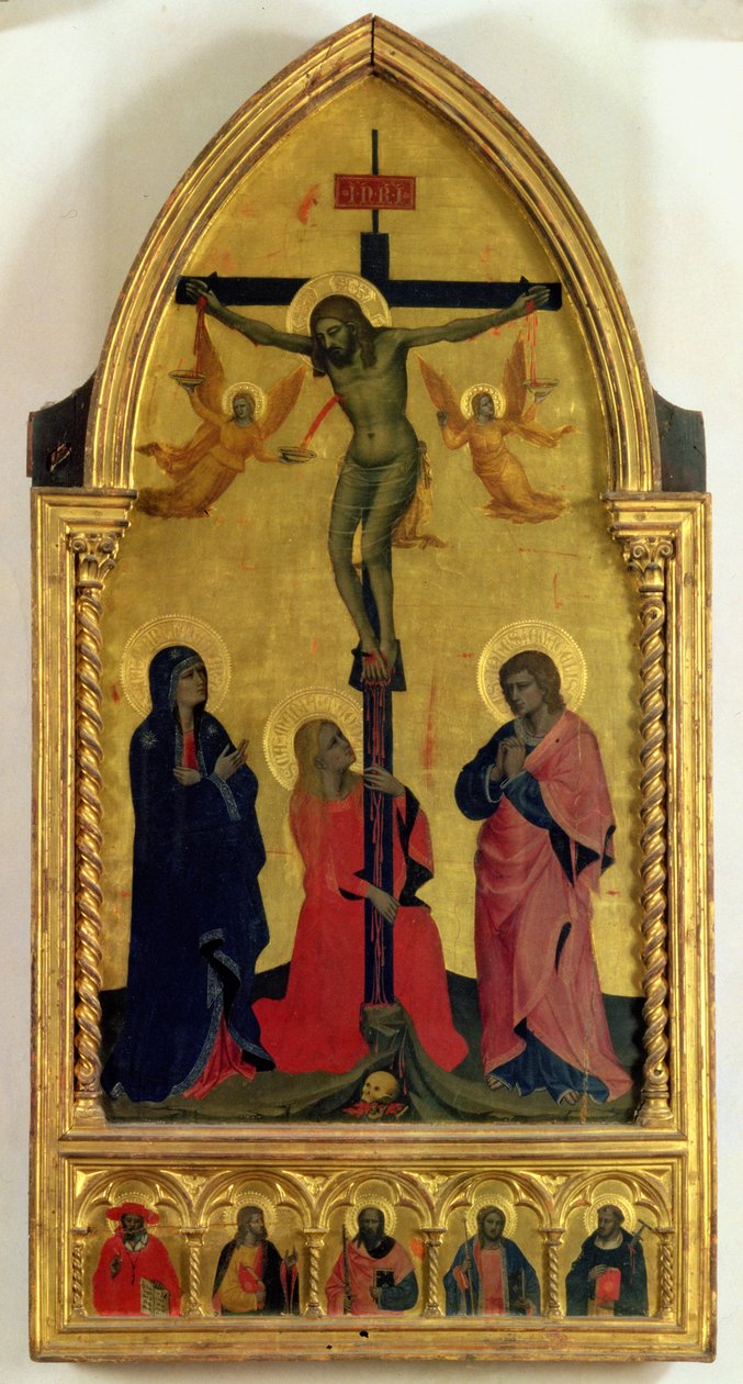 Korsfestelsen med sørgende og St. Maria Magdalena, predella-panelet som viser SS. Jerome, Paul, James, Peter og en ukjent helgen (tempera på panel) av Nardo di Cione Orcagna