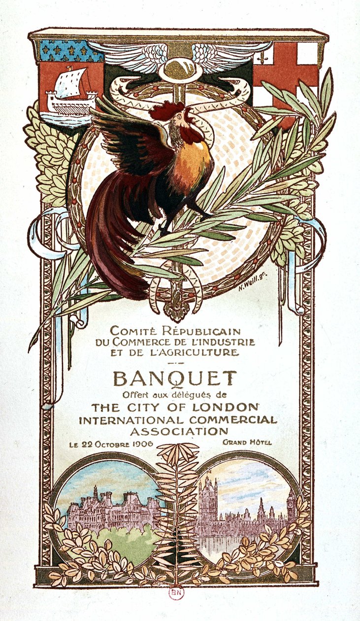 Hane og monumenter, bankettmeny til den republikanske komiteen for handel, industri og jordbruk tilbudt 22.11.1906 til delegatene fra City of Londons internasjonale kommersielle forening av Nathan Weill