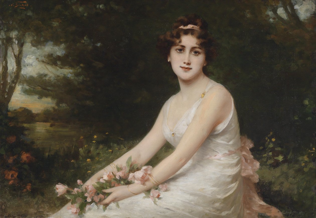 Ung dame med roser på innsjøbredden av Nathaniel Sichel